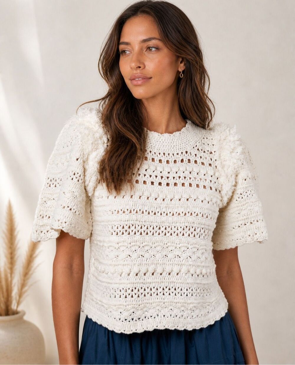 Sea NY Darcy Fringe Short Sleeve Sweater Cream | Textured Knit Coastal Quiet Lux